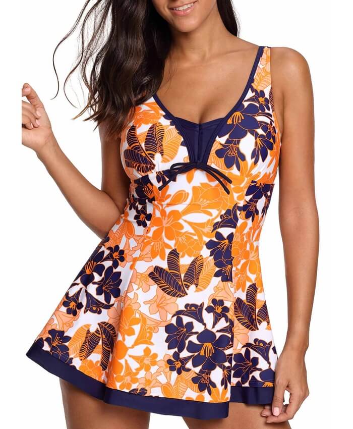 Tie Front Scoop Back Printed One Piece Swimdress